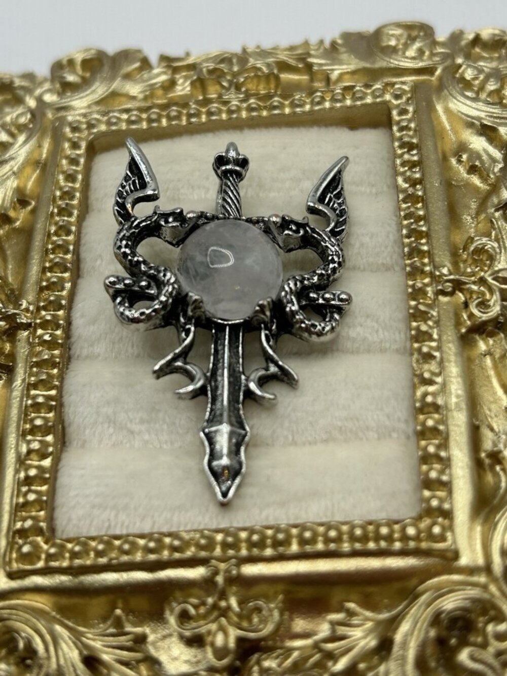 Gothic Dragon Sword Pendant Clear Cabochon Fantasy Medieval Silvertone - Picture 5 of 12
